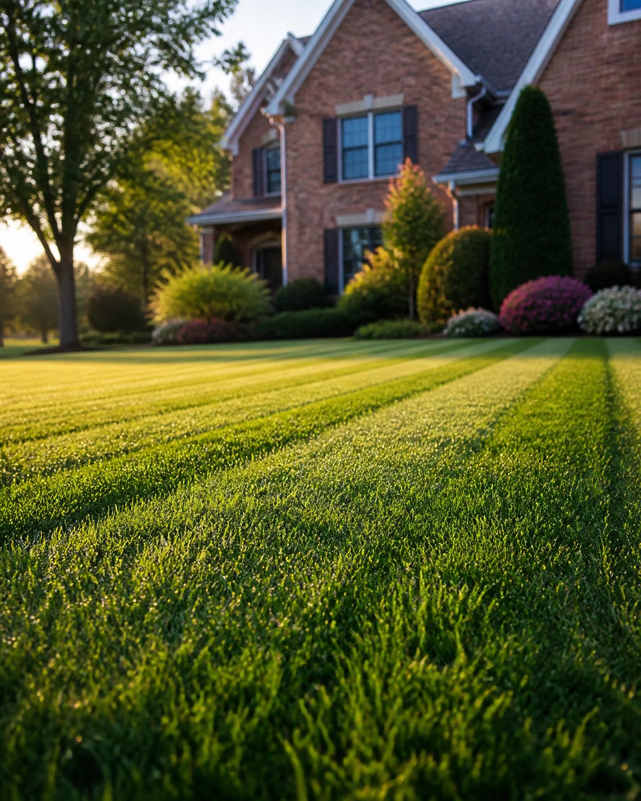 Freshly mowed suburban lawn with crisp diagonal stripes at golden hour